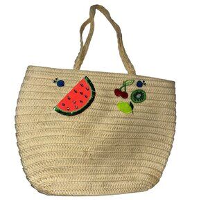 J. Crew straw watermelon fruit sequins embellished straw tote bag 14x10"
